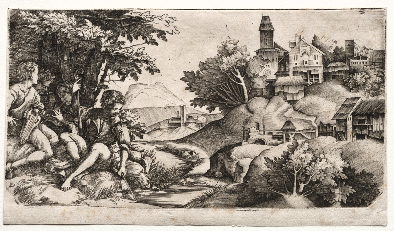 Pásztorok tájban, c. 1517. alkotó: Giulio Campagnola
