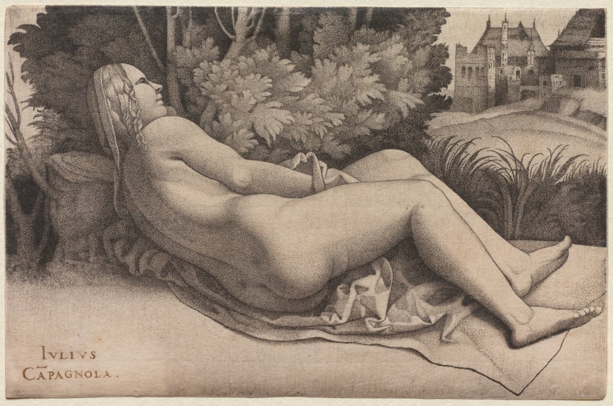 Vénusz fekvő tájban, c. 1508-9. alkotó: Giulio Campagnola