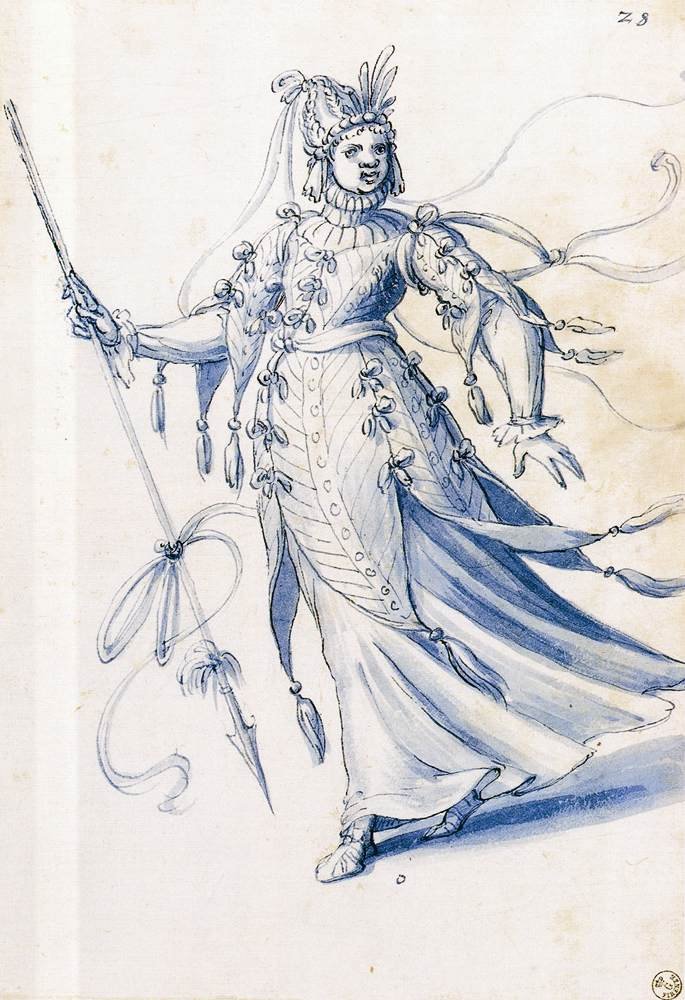 Egy lándzsát viselő nő jelmezrajza alkotó: Giuseppe Arcimboldo