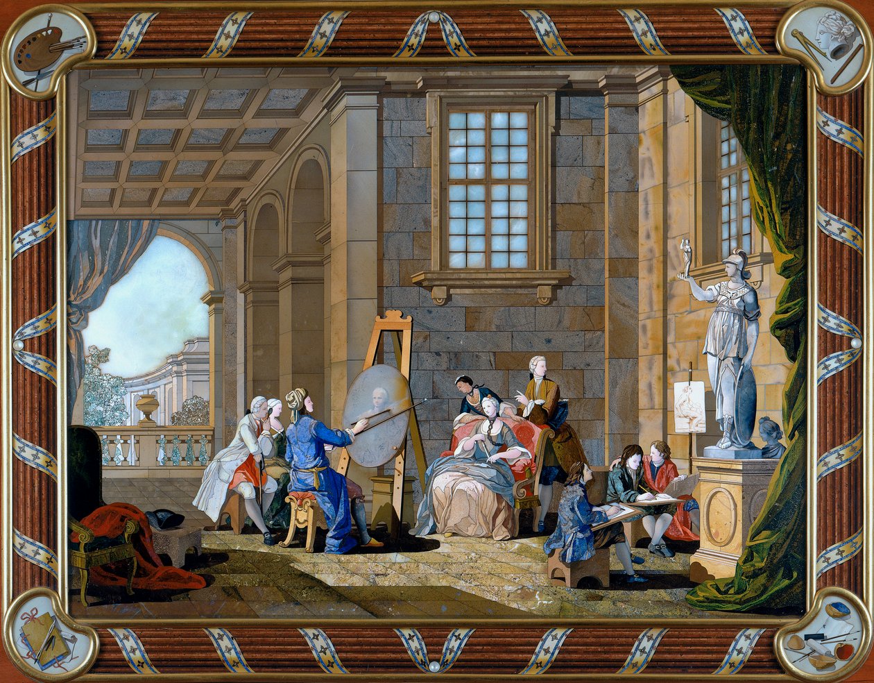 Festészetet ábrázoló pietre dure inlay-es tábla alkotó: Giuseppe Zocchi
