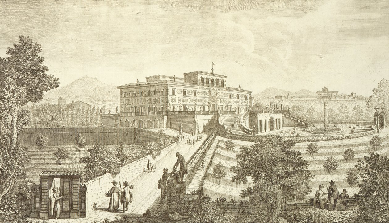 Villa Palmieri, Fiesole, a "Kilátás a villákra és más helyekre Toszkánában", vésette Gioseffo Filosi (fl.1732-44), megjelent 1847-57 körül alkotó: Giuseppe Zocchi