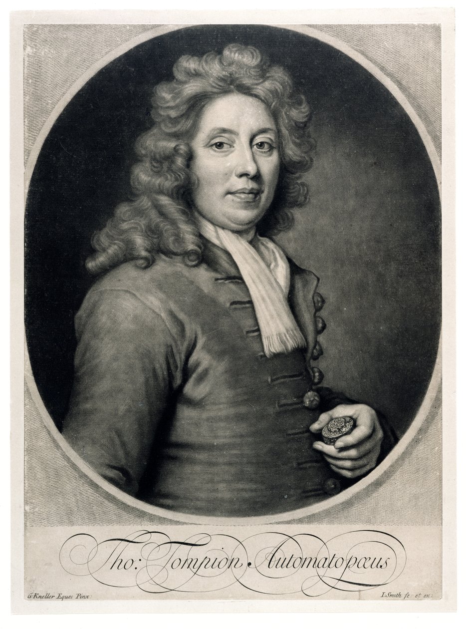 Thomas Tompion (1639-1713) portréja, amelyet John Smith metszett (mezzotint) alkotó: Godfrey Kneller
