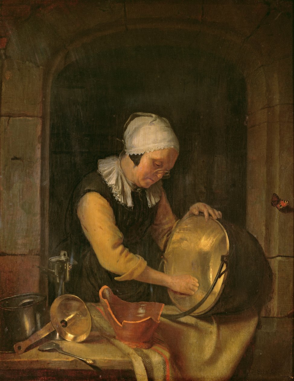 Egy edényt súroló öregasszony, 1660 körül (olaj, tölgy) alkotó: Godfried Schalcken