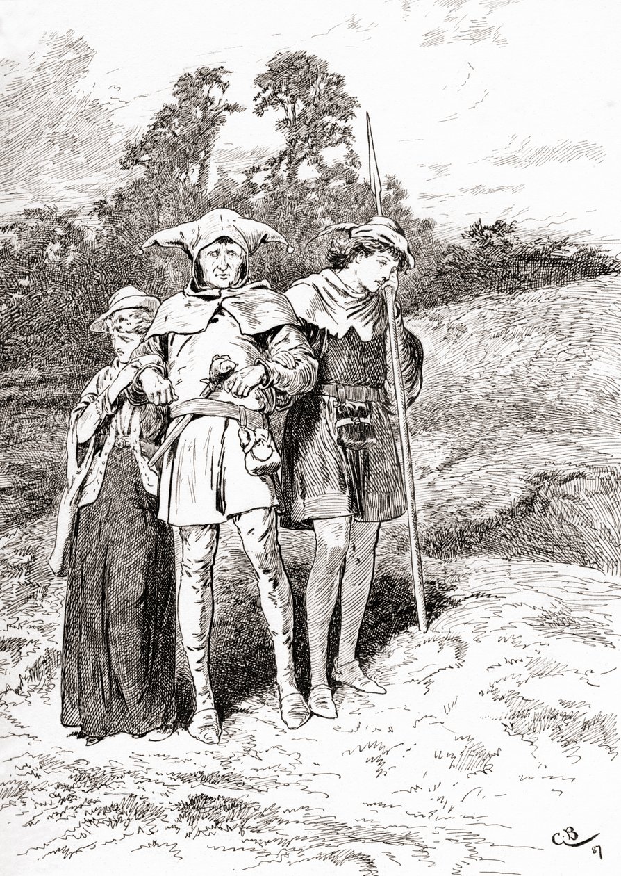 Jelenet William Shakespeare Ahogy tetszik című darabjából. II. felvonás, IV. jelenet, Touchstone: Igen, most Ardenben vagyok, annál bolondabb vagyok, William Shakespeare műveiből, 1896-ban alkotó: Gordon Frederick Browne