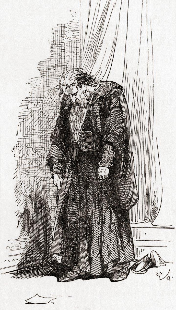 Jelenet William Shakespeare Velencei kereskedő című drámájából, IV. felvonás, 1. jelenet, Shylock: Kérlek, adj engedélyt, hogy elmenjek innen. Nem vagyok jól, William Shakespeare műveiből, 1896-ban (pl alkotó: Gordon Frederick Browne