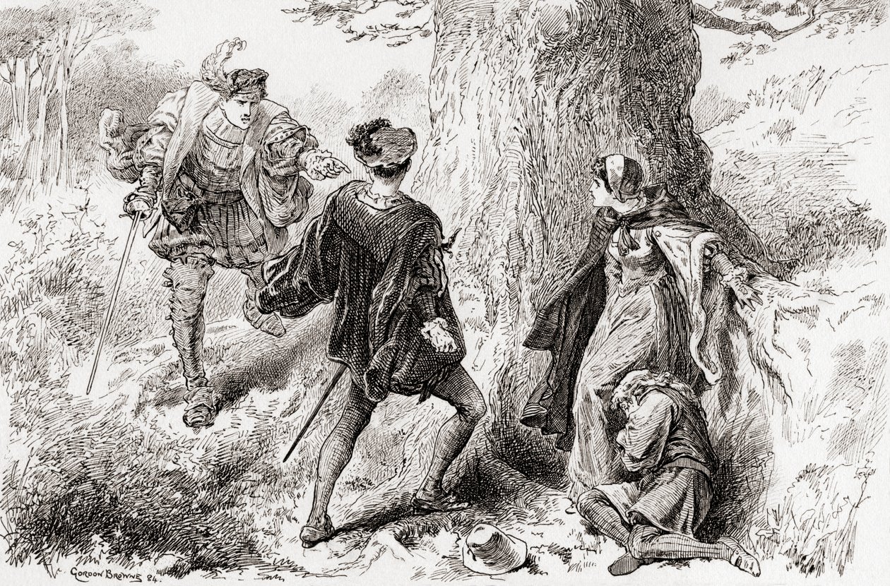 Valentine: Ruffian, engedd el azt a durva, civil érintést, Jelenet a Shakespeares: A veronai két úr című filmből, V. felvonás, 4. jelenet William Shakespeare műveiből, 1896. alkotó: Gordon Frederick Browne