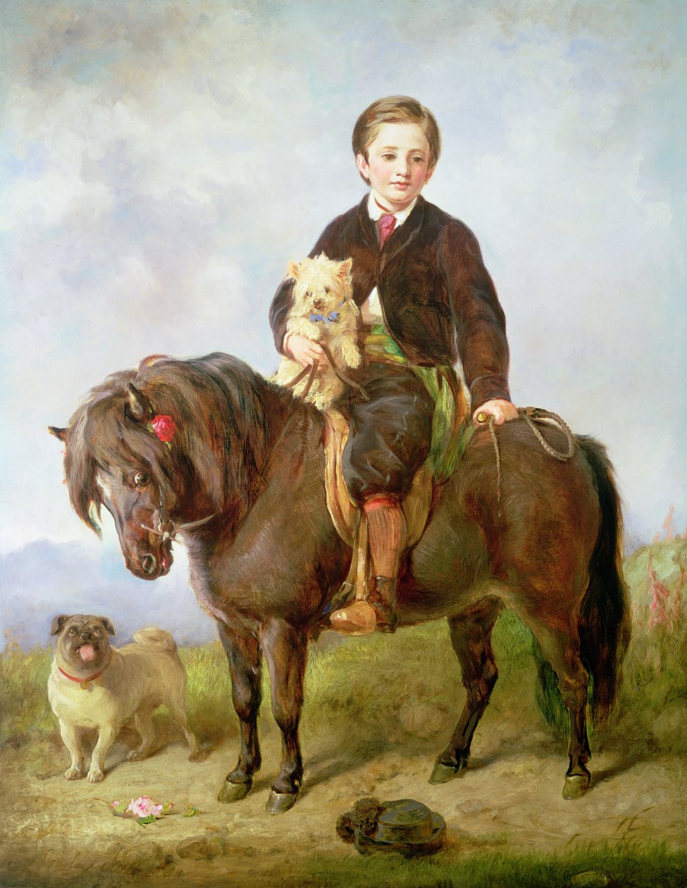 John Samuel Bradford fiúként, aki shetlandi póni ült egy mopszkutyával, XIX. század alkotó: Gourlay Steel