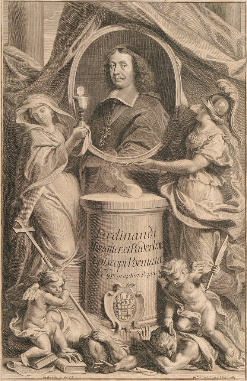 Két nőalak, a vallás és a bölcsesség, Ferdinand von Fürstenberg portréját tartja, miközben zsenialitásuk, eretnekségük és tudatlanságuk a lábuk elé kerül. alkotó: Gérard Edelinck