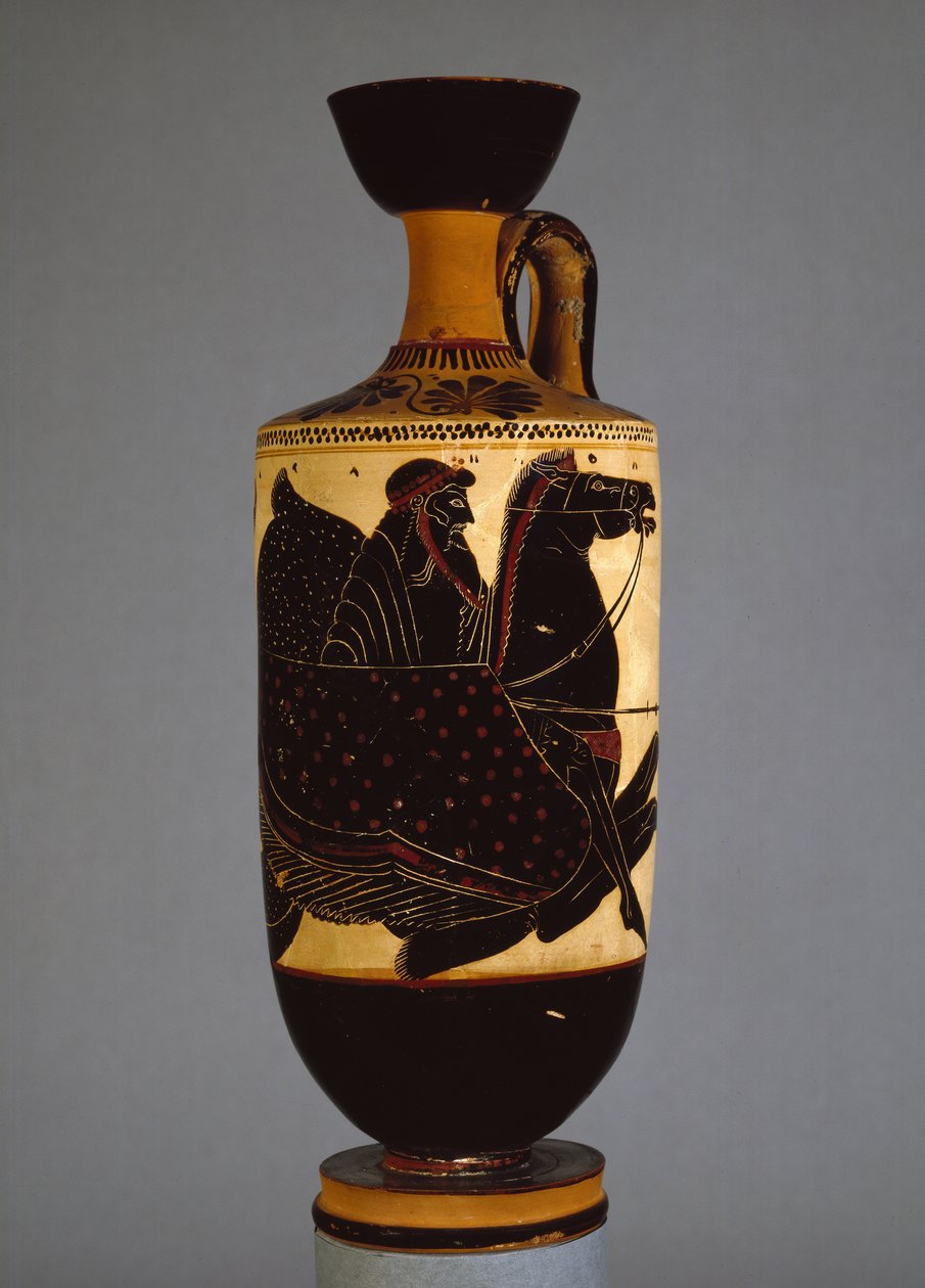 Poszeidónt ábrázoló tetőtéri fekete figurás lekythosz, Kr.e. 6-5. század (kerámia) alkotó: Greek