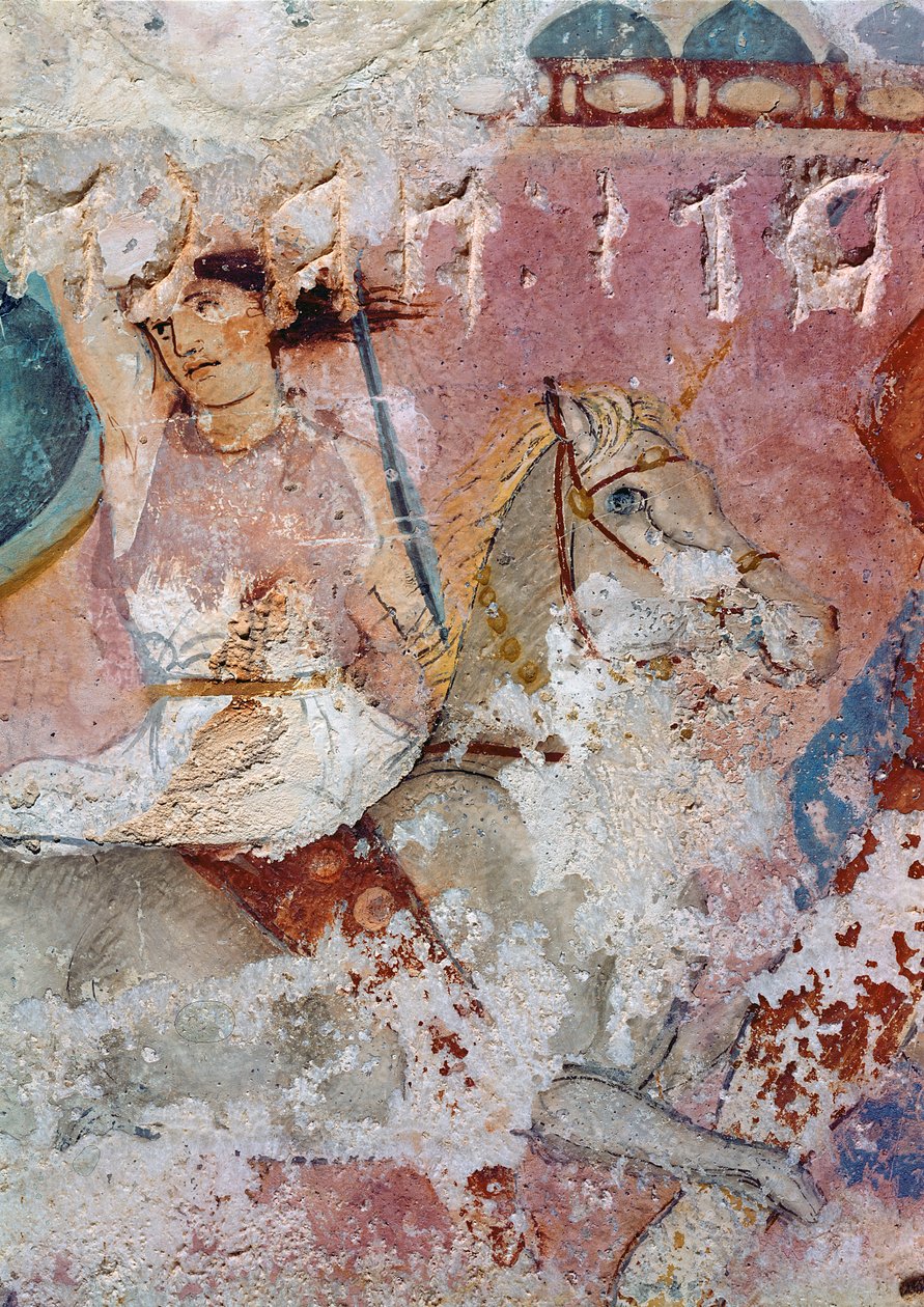 Az amazonok szarkofágja, egy lovas részlete, tarquiniai tempera, alabástromra festve alkotó: Greek