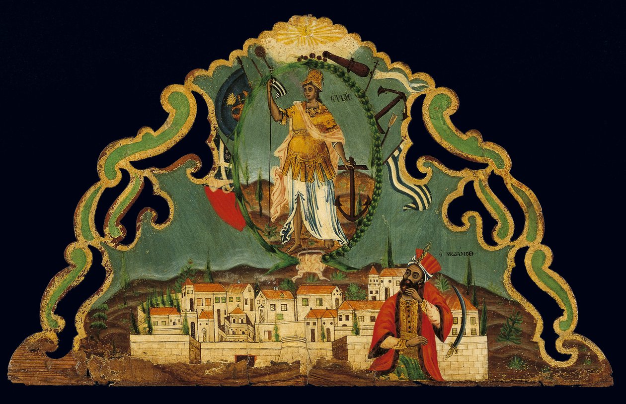 Görögország újjászületését ábrázoló pelmet Konstantinápoly ábrázolása fölött, Sziroszból, Kükládokból (tojástempera fán) alkotó: Greek School