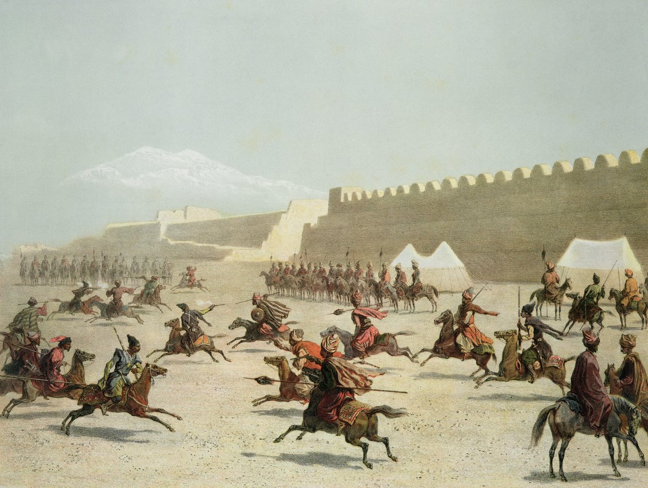 Kurd és tatár harcosok Sadar Abbatban, Örményország, 15. lemez egy Kaukázusról szóló könyvből, Rayot és Jacottet, Alfred Leon Lemercier, Párizs, 1847 alkotó: Grigori Grigorevich Gagarin