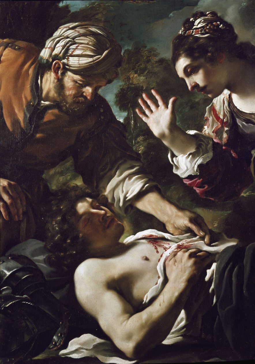 Herminie (Erminia) felfedezi Tancrede eszét (részlet) alkotó: Guercino