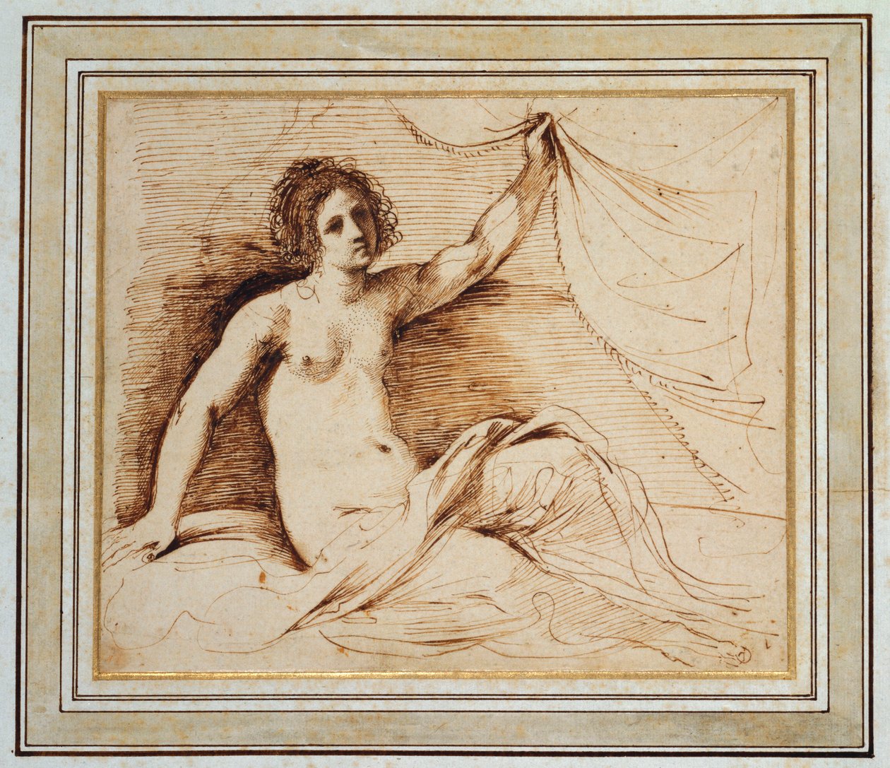 Fekvő meztelen nő felemeli a függönyt alkotó: Guercino