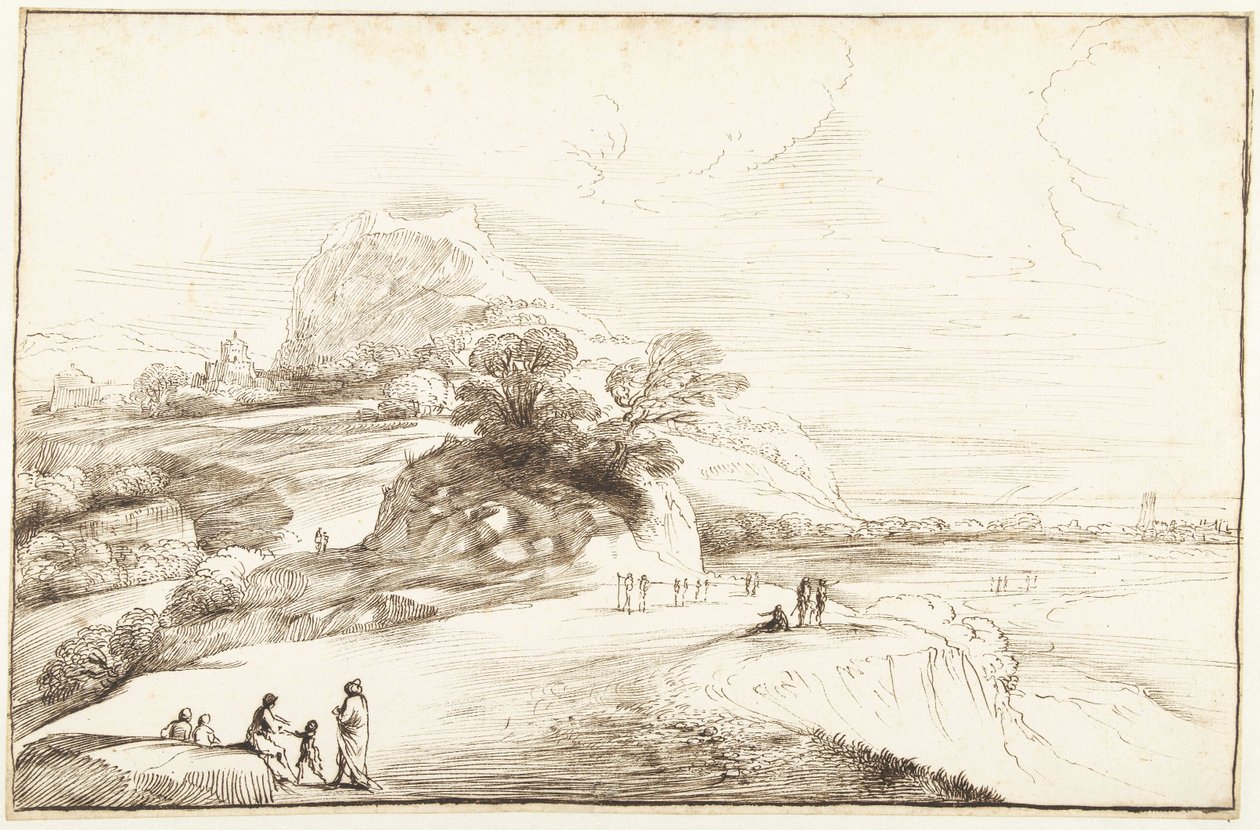 Hegyi táj távoli kilátással alkotó: Guercino