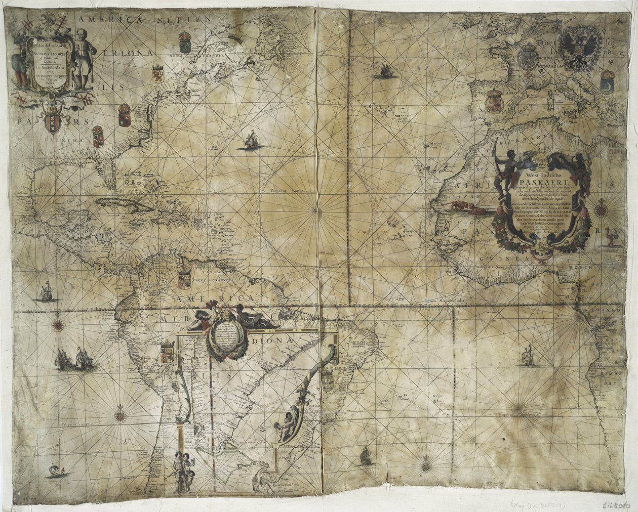 A Holland Nyugat-Indiai Társaság területi birtokai, 1710 (kézzel színezett nyomat pergamenre) alkotó: Guillaume and Jean Bleau