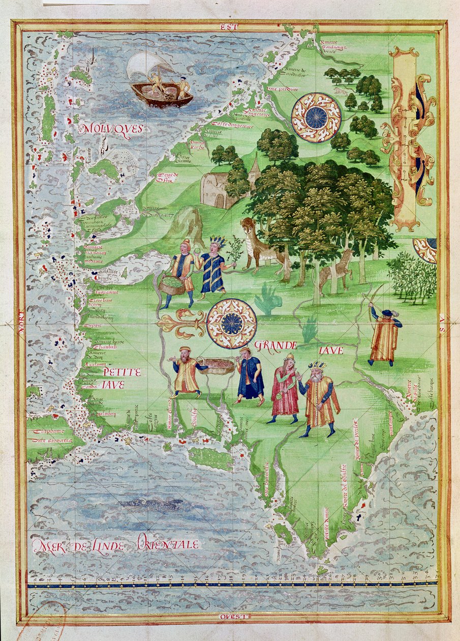 Fol.32v Fűszerkereskedelem a molokkán, a Cosmographie Universelle-ből, 1555 alkotó: Guillaume Le Testu