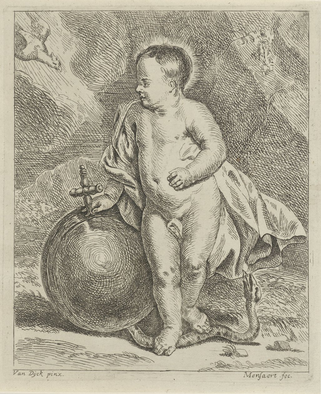 Krisztus gyermeke földgömbbel és kígyóval alkotó: Guillaume Pierre Mensaert
