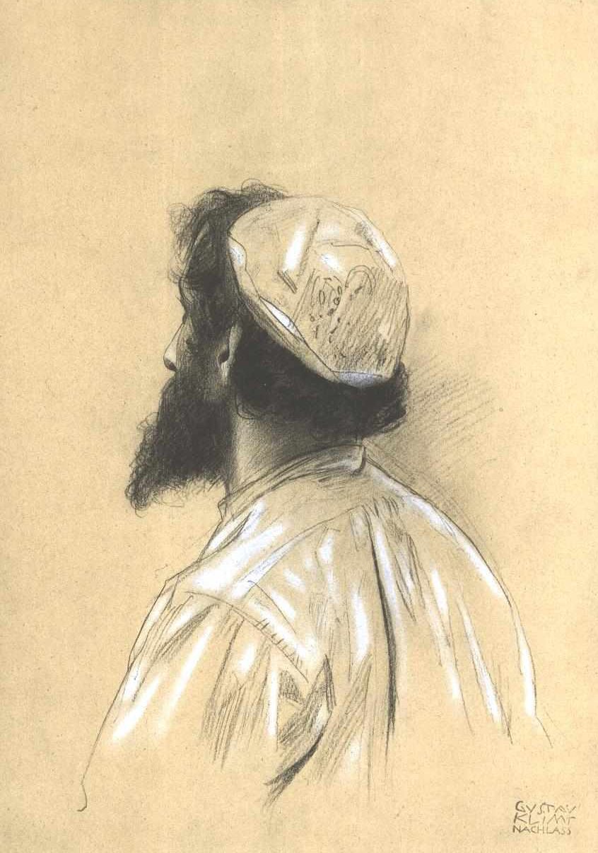Szakállas fiatalabb férfi, sapkával, elveszett profilban balra alkotó: Gustav Klimt
