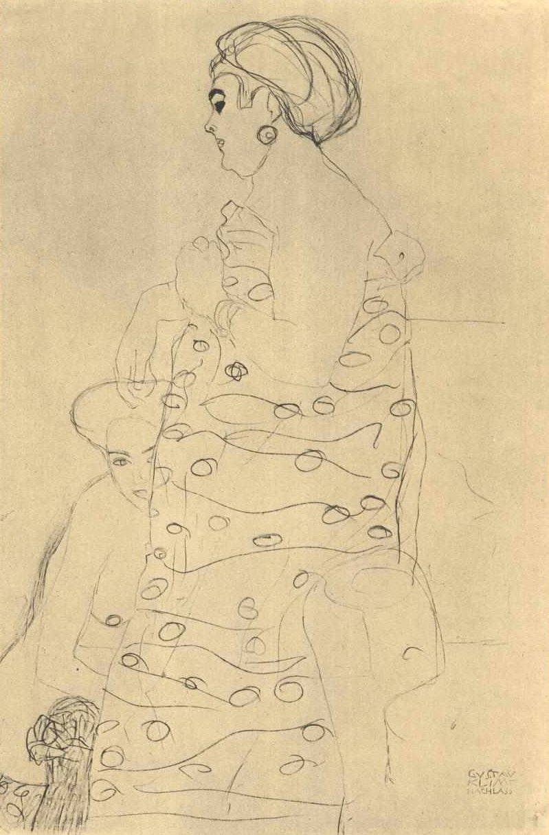 Kövér ruhás nő és meztelen a lába előtt alkotó: Gustav Klimt