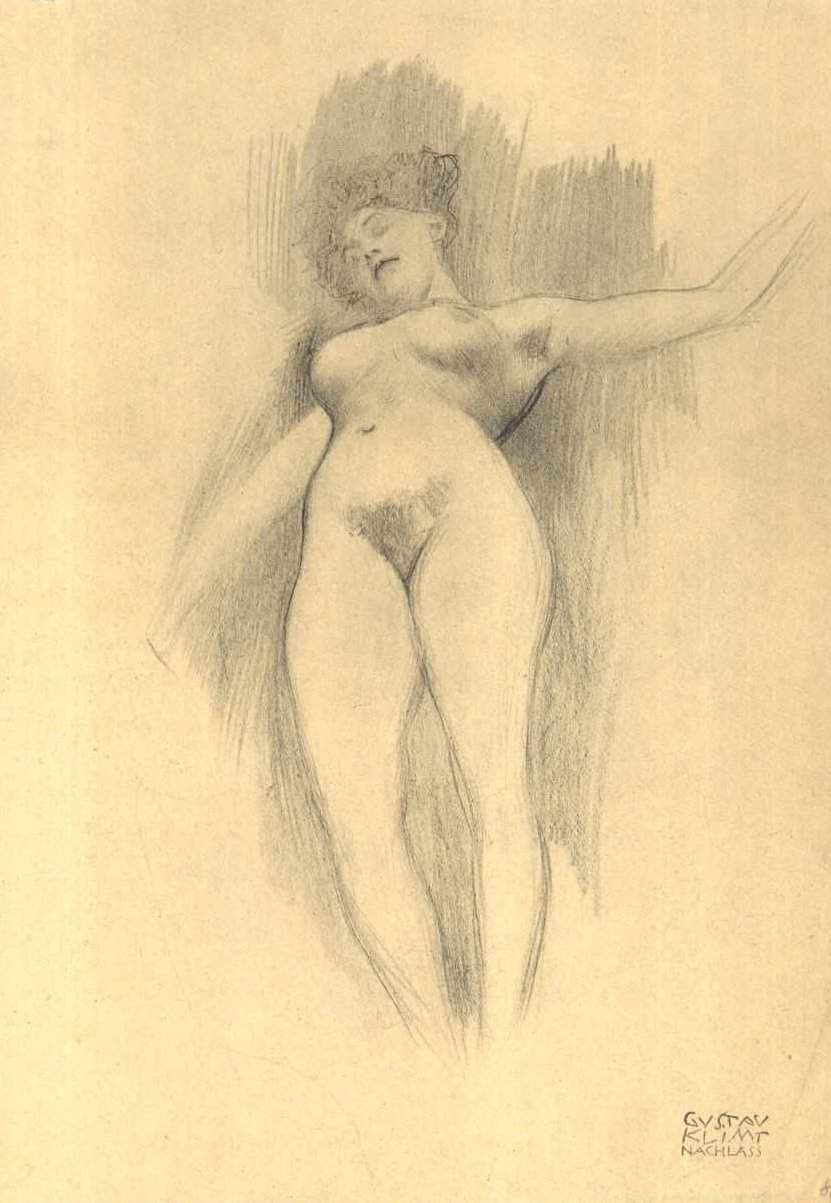 Lebegő meztelen sötét háttér előtt alkotó: Gustav Klimt