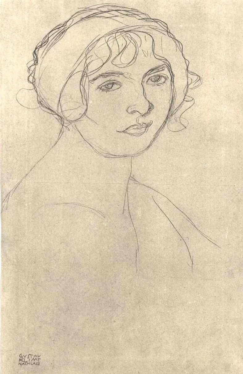 Félhosszú portré egy meztelen lányról, aki jobbra néz. alkotó: Gustav Klimt