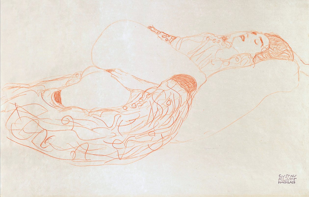 Fekvő félmeztelen (maszturbál), 1912-13 (szangvinikus papíron) alkotó: Gustav Klimt
