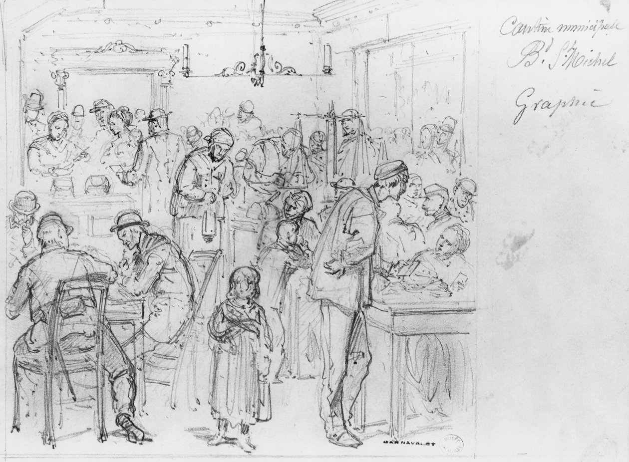 Párizs ostromának albuma, Boulevard St. Michel városi kantin (toll és barna tinta mosás és ceruza papíron) 88;cantine Municipale Boulevard Saint-Michel; Szent; Utca; bw fotó; fekete-fehér fotógr alkotó: Gustave Dore