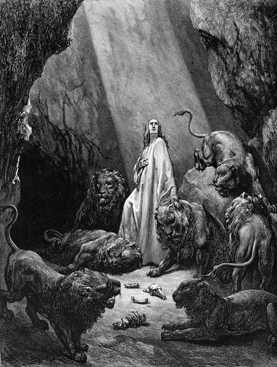 Dániel az oroszlánbarlangban, Doré metszete. - Biblia alkotó: Gustave Dore