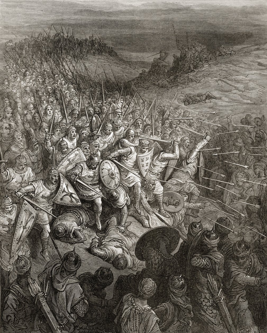 Godfrey katonái áthajtanak a muszlim hadseregen, a „Bibliotheque des Croisades” illusztrációja, J-F. Michaud, 1877 alkotó: Gustave Dore