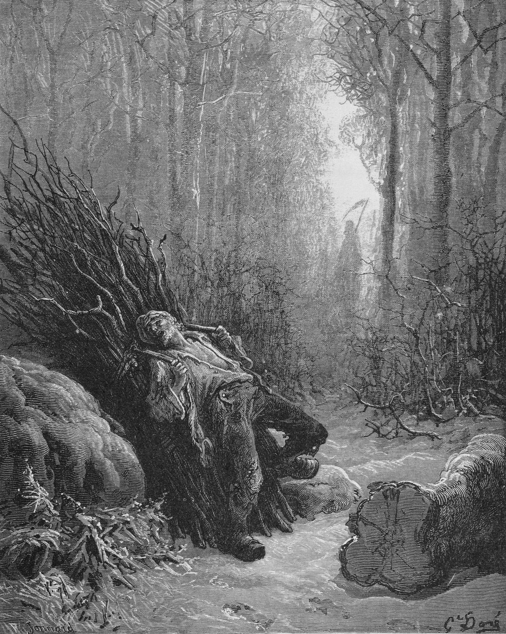 Illusztráció a Halálhoz és a Favágóhoz, Jean de La Fontaine (1621-95) „Fabuláiból”, Jonnard metszete alkotó: Gustave Dore