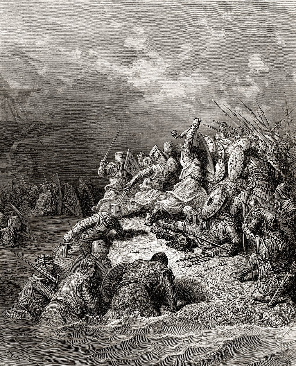 I. Richárd (1157-99), az Oroszlánszívű Jaffát szállítja, illusztráció a „Bibliotheque des Croisades”-ből, J-F. Michaud, 1877 alkotó: Gustave Dore