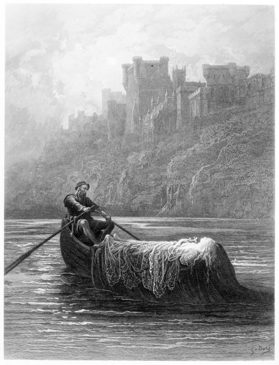 Elaine teste úton az Arthur király palotájába, illusztráció Alfred Tennyson „A király idilljei” című művéből alkotó: Gustave Dore