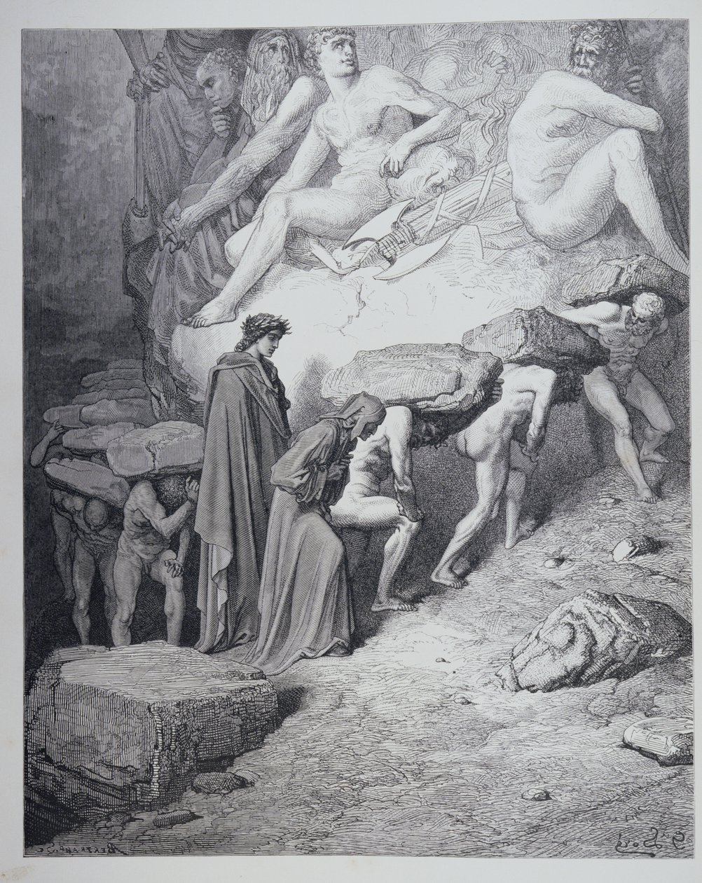 A büszkeség terhe, Dante Alighieri (1265-1321) "Isteni komédiájából" (Purgatorio), metszette Antoine Valerie Bertrand (sz.1823) 1868 körül. alkotó: Gustave Dore