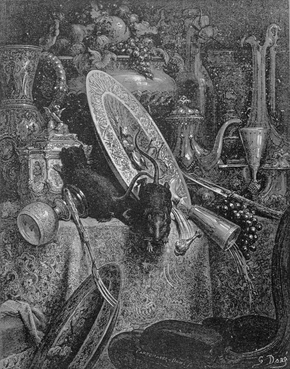 A városi patkány és a vidéki patkány, illusztráció La Fontaine „Fables” című művéből, 1868 alkotó: Gustave Dore