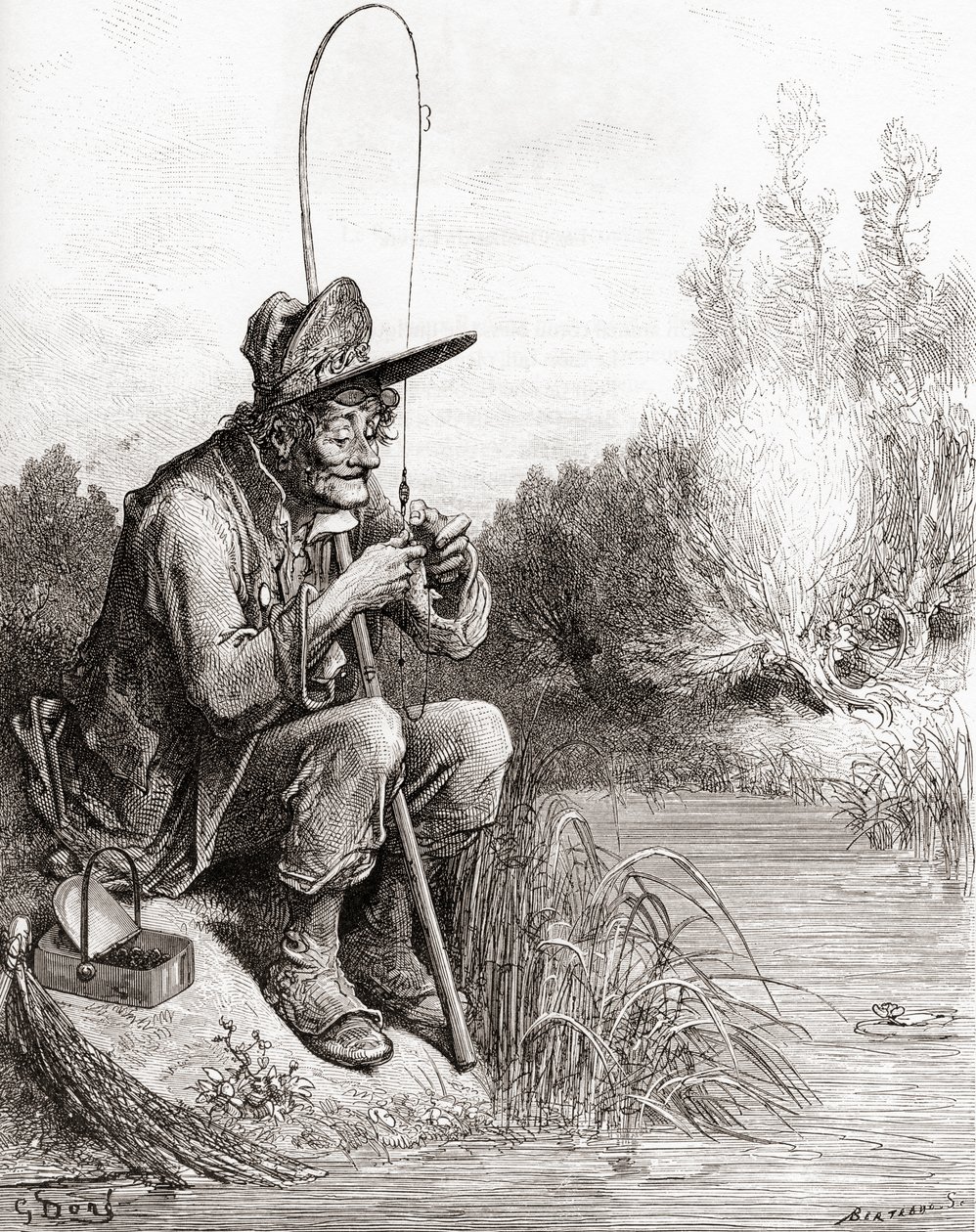 A halász és a hal, a Fables de La Fontaine 19. század végi kiadásából (fametszet) alkotó: Gustave Dore