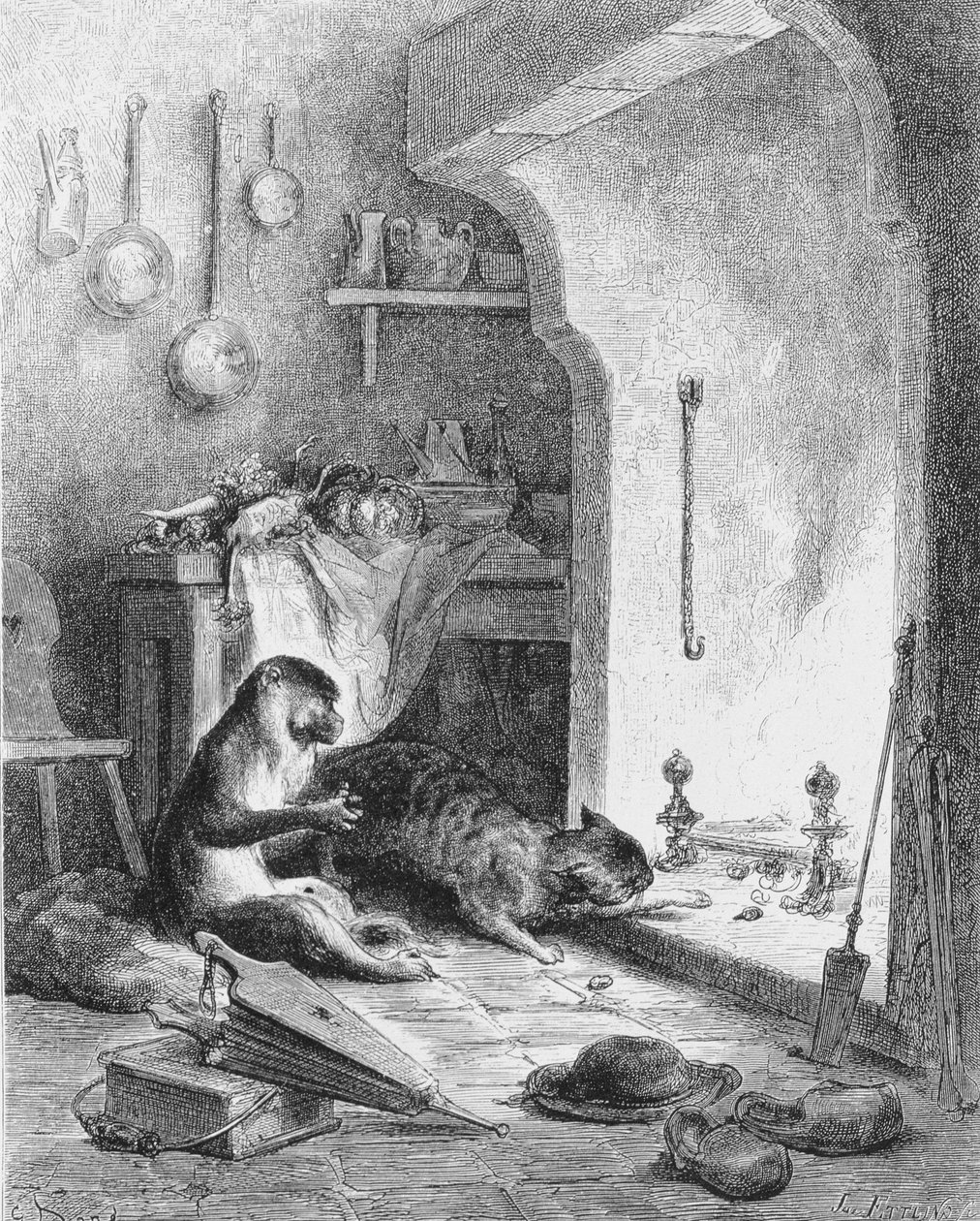 A majom és a macska, 1868 alkotó: Gustave Dore
