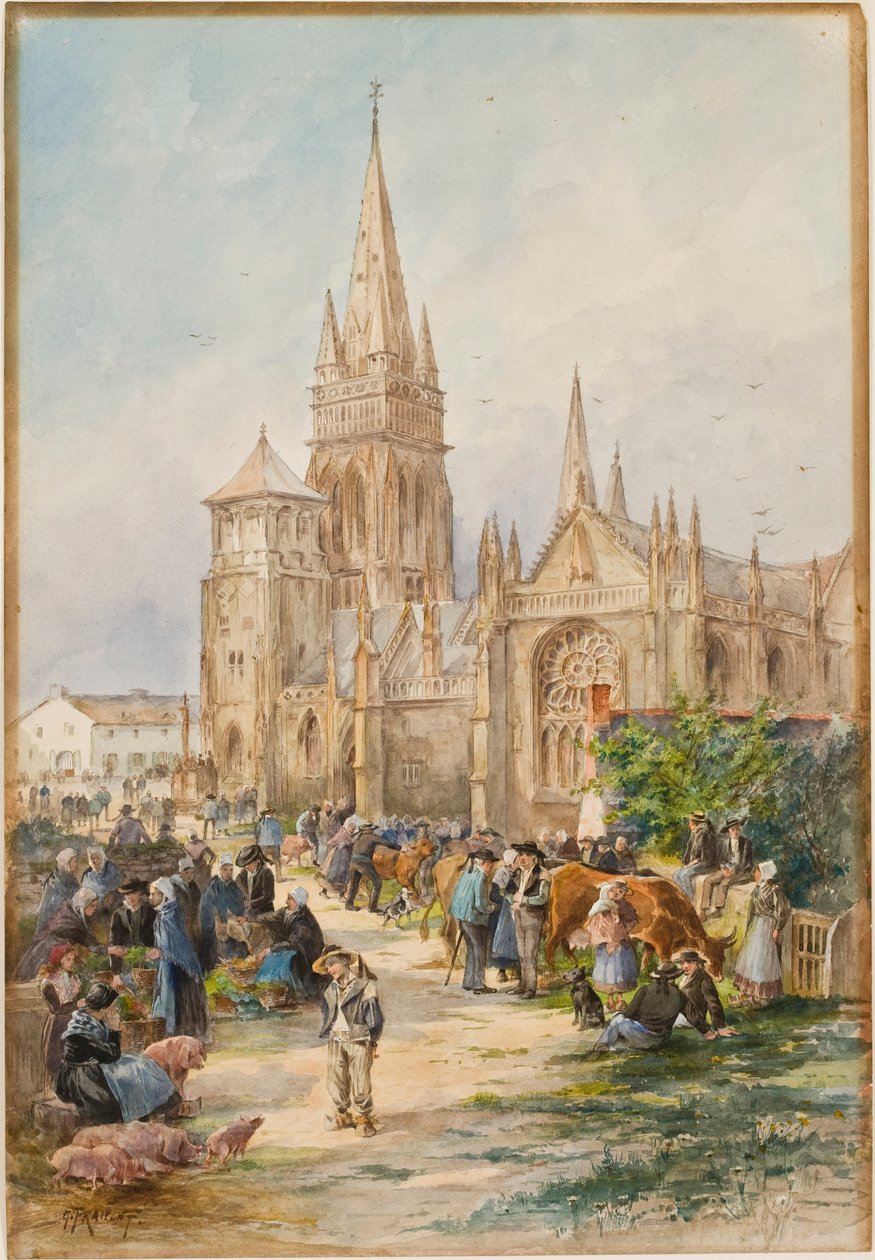 Piaci jelenet a Le Folgoet-ben, Bretagne-ban (wc papíron) alkotó: Gustave Fraipont