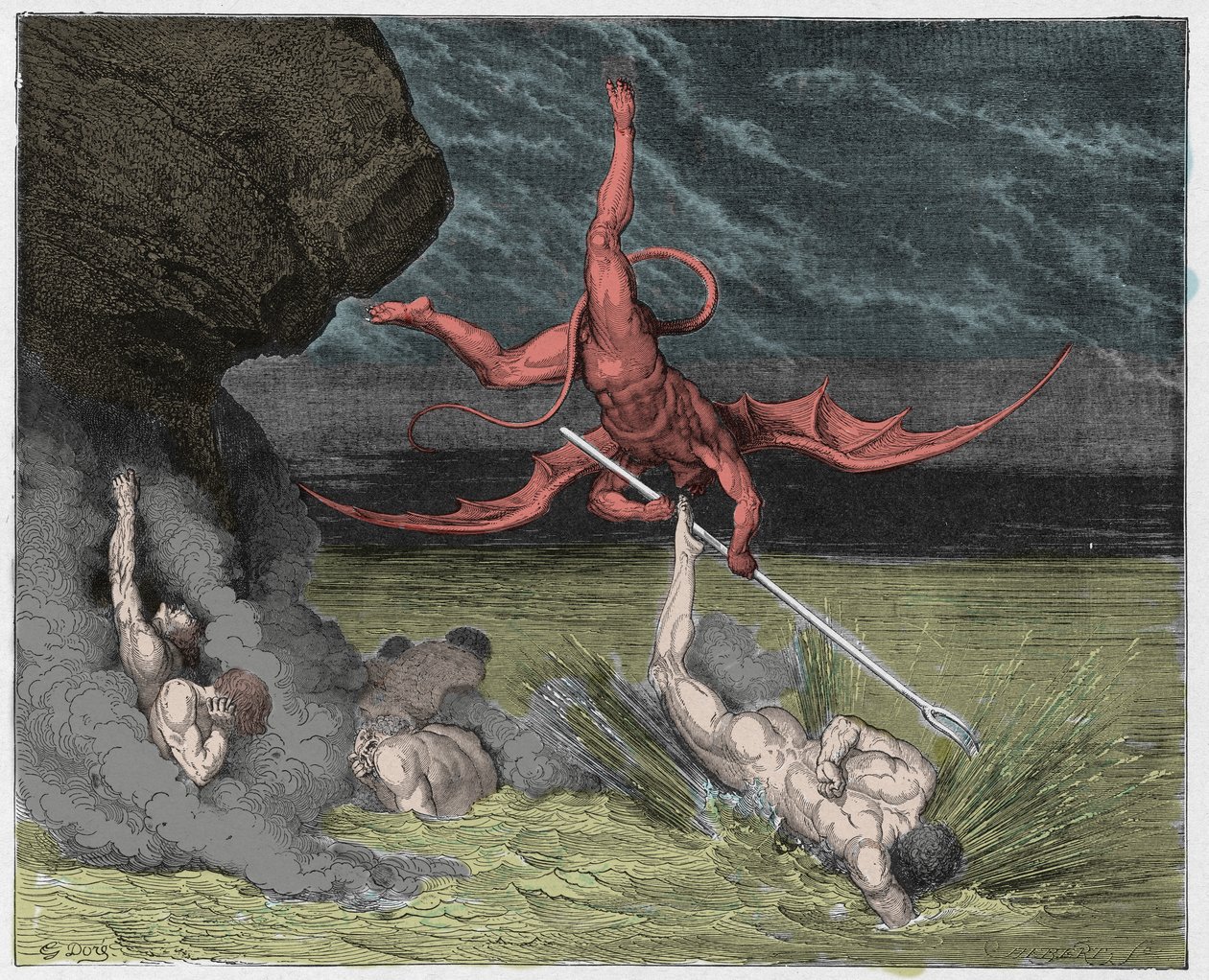 Inferno, 22. ének: Ciampolo megszökik Alichino démon elől az ötödik bolgiában, illusztráció Dante Alighieri Isteni színjátékából, 1885 (digitálisan színes metszet) alkotó: Gustave after Dore