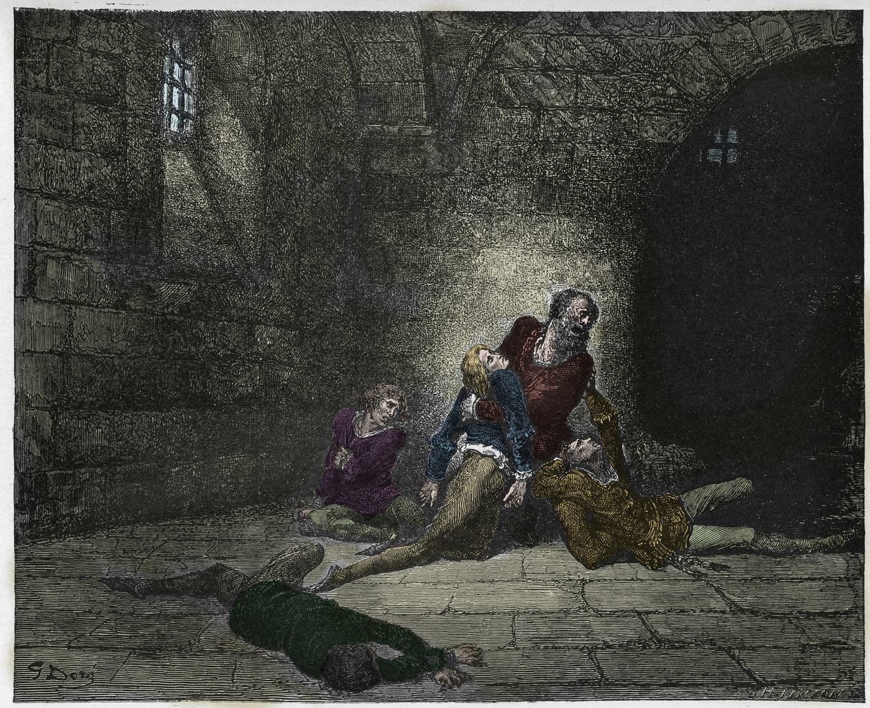 Inferno, 33. ének: Gaddo apja szeme láttára hal meg (Ugolin (Ugolino) della Gherardesca), illusztráció Dante Alighieri Isteni színjátékából, 1885 (digitálisan színes metszet) alkotó: Gustave after Dore
