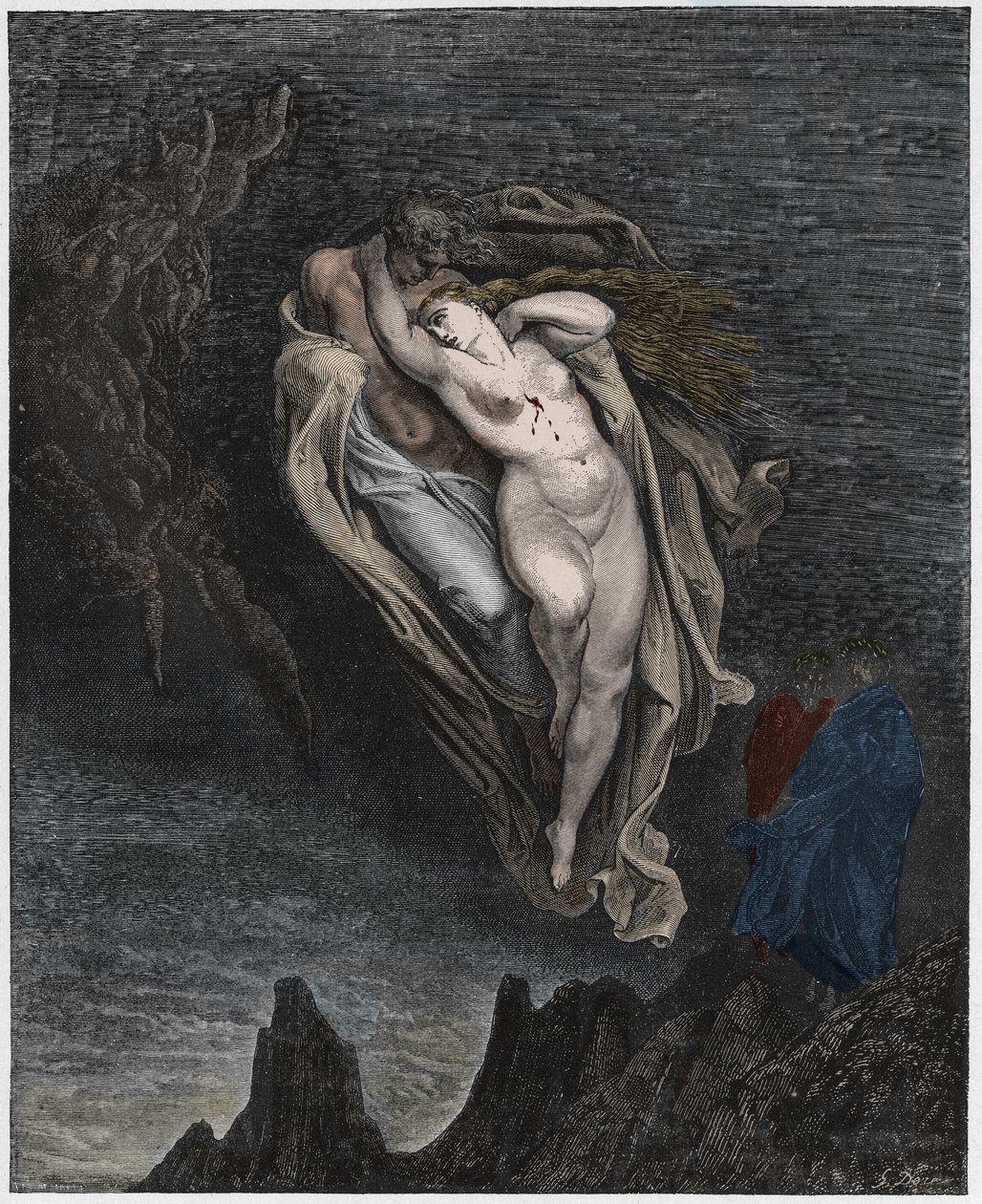 Inferno, 5. ének: Paolo és Francesca lelke, illusztráció Dante Alighieri Isteni színjátékából, 1885 (digitálisan színes metszet) alkotó: Gustave after Dore
