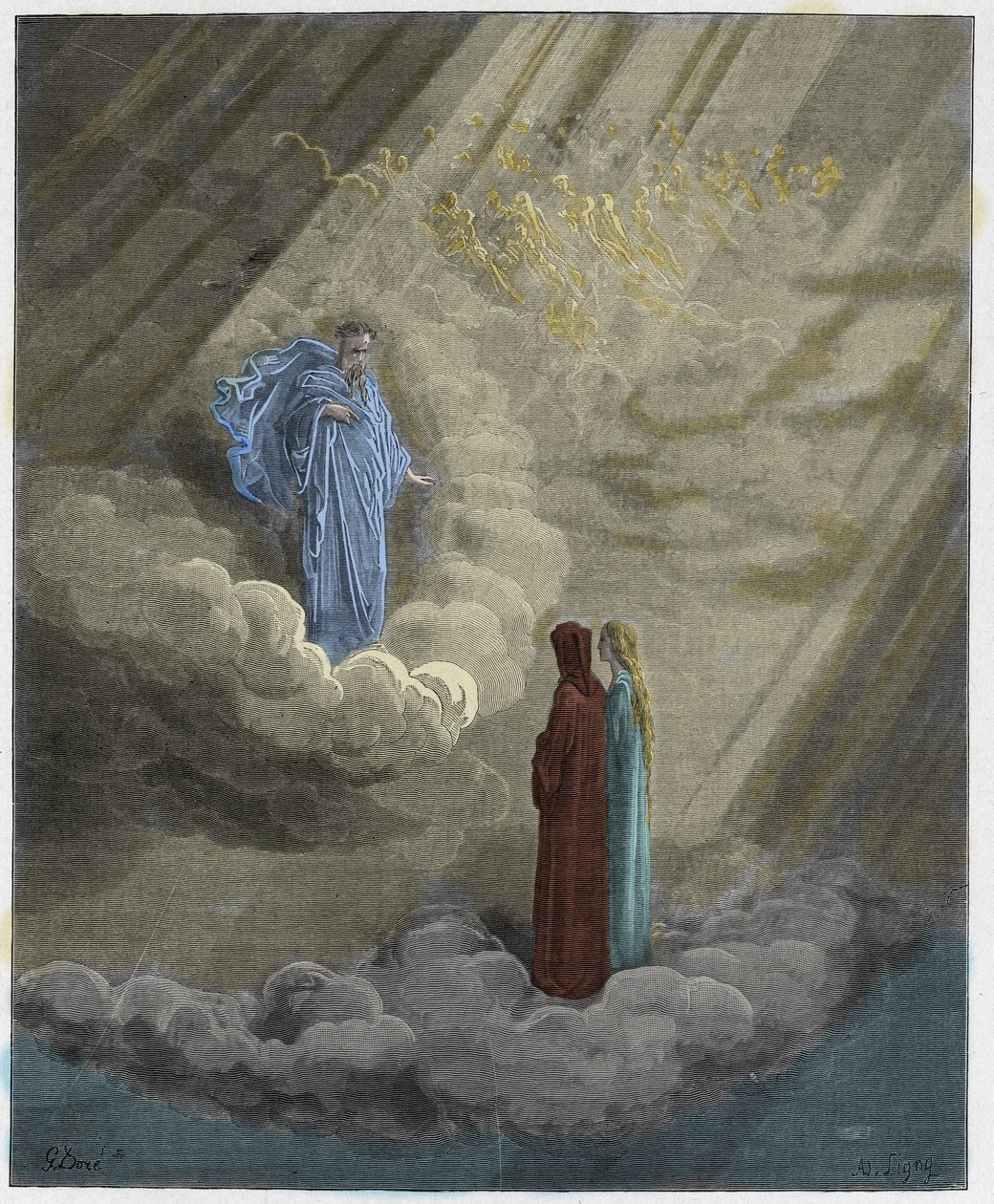 Paradiso, 16. ének : Caddiaguida lelke Firenzéről beszél, illusztráció Dante Alighieri Isteni komédiájából, 1885 (digitálisan színezett metszet) alkotó: Gustave after Dore
