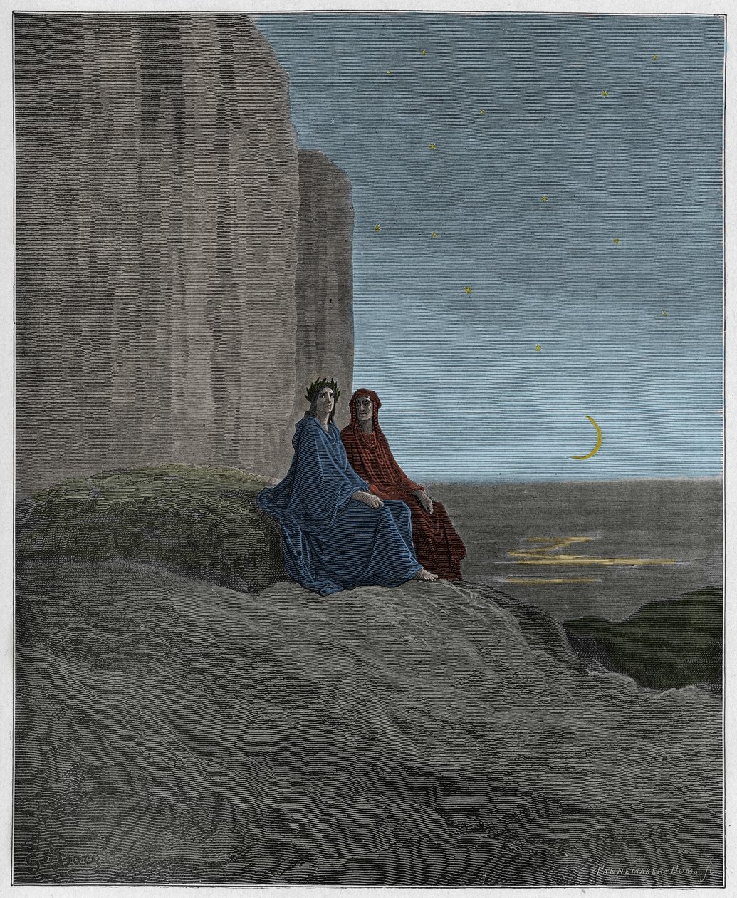 Purgatorio, 9. ének: Alkonyat, illusztráció Dante Alighieri Isteni színjátékából, 1885 (digitálisan színes metszet) alkotó: Gustave after Dore