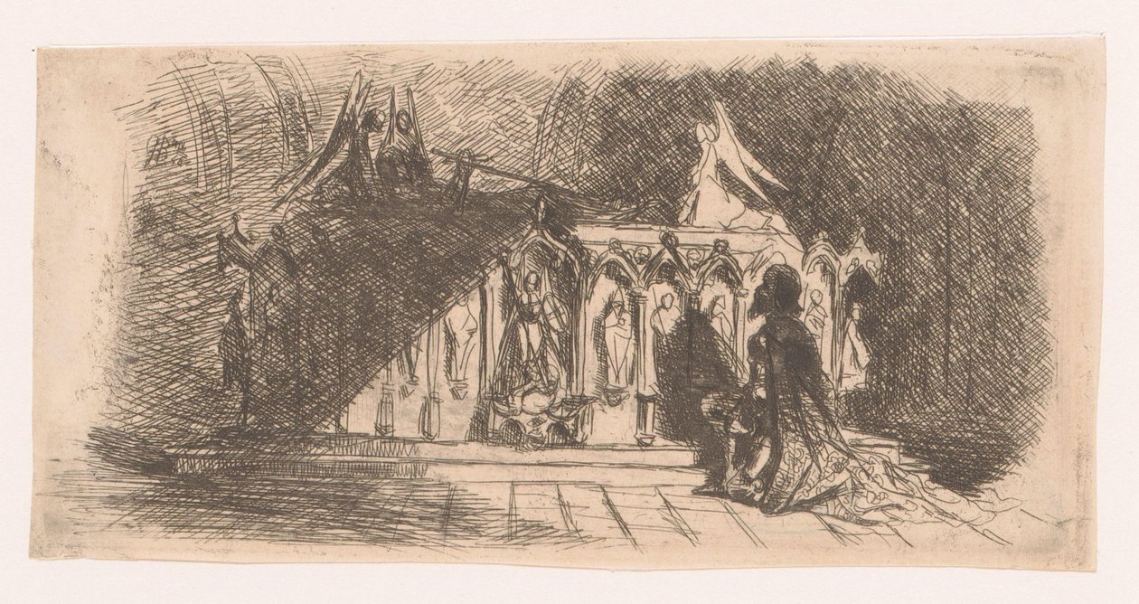 Az ember letérdel egy gótikus sír előtt alkotó: Gustave Buschmann