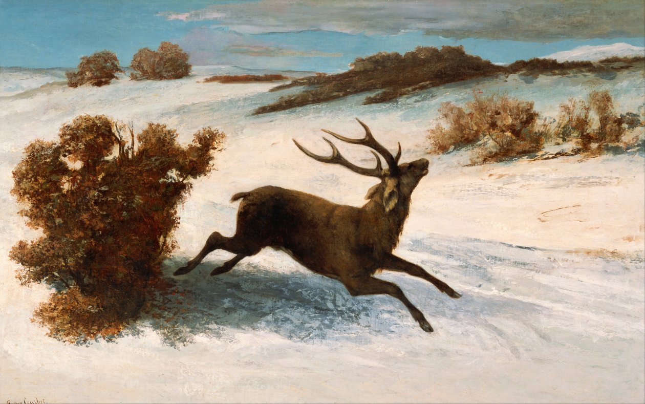 Szarvas fut a hóban alkotó: Gustave Courbet