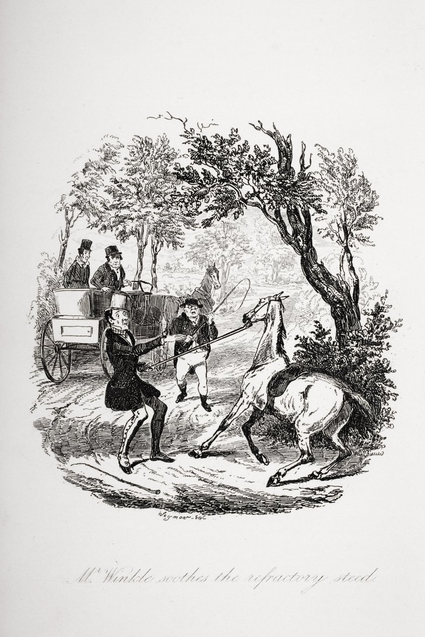 Mr. Winkle megnyugtatja a tűzálló parkót. Illusztráció Charles Dickens (1812-70) „The Pickwick Papers” című művéből, 1837-ben jelent meg alkotó: Hablot Knight Browne