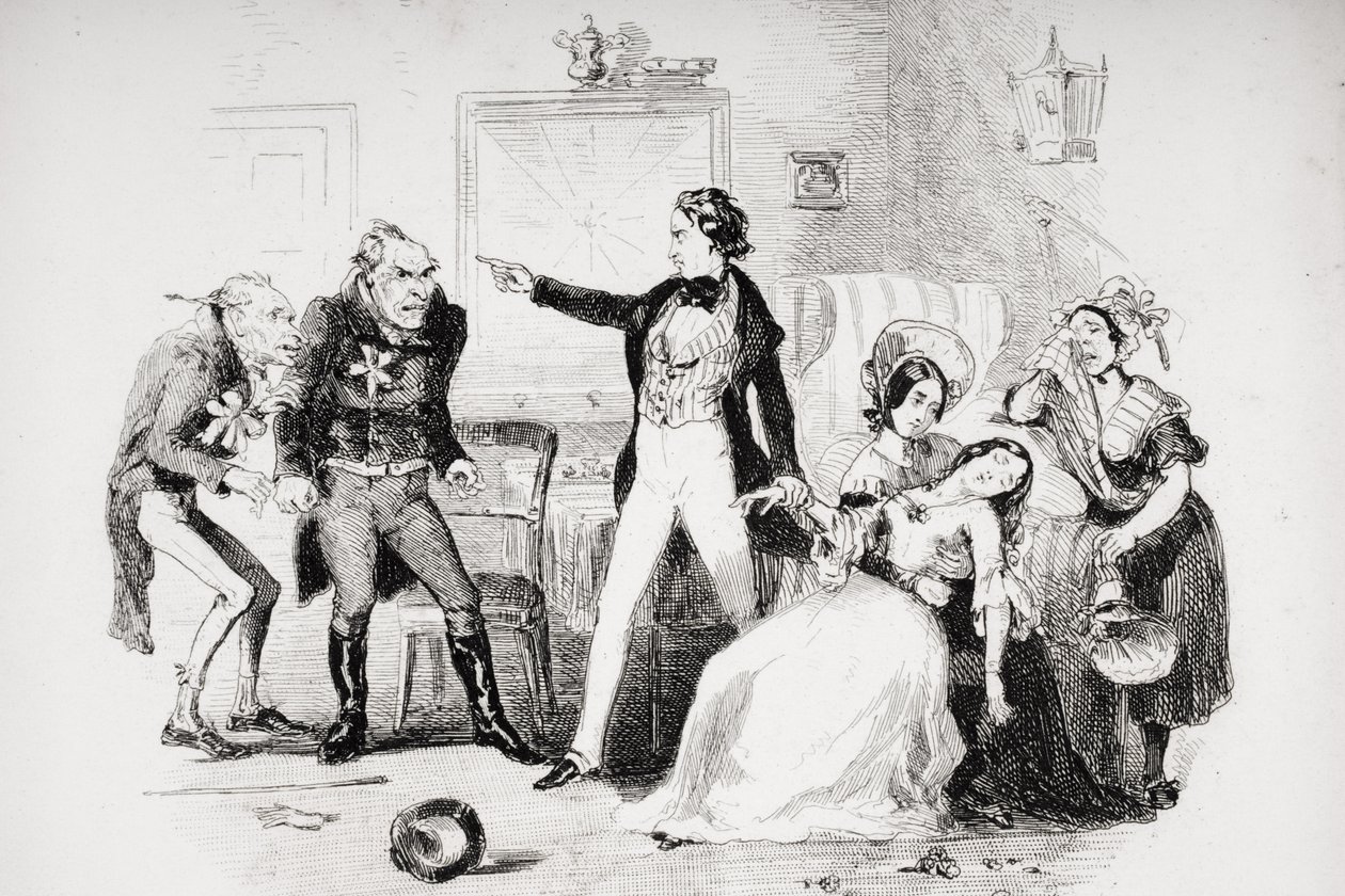 Nicholas gratulál Arthur Gride-nak az esküvő reggelén, Charles Dickens (1812-70) 1839-ben megjelent "Nicholas Nickleby" című illusztrációja (lásd még: 259153) alkotó: Hablot Knight Browne