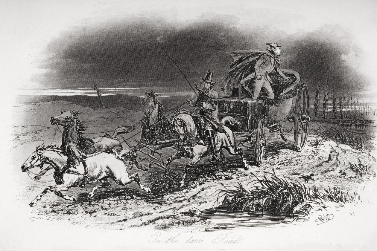 A sötét úton, Charles Dickens (1812-70) „Dombey and Son” című művéből, először 1848-ban jelent meg illusztráció alkotó: Hablot Knight Browne