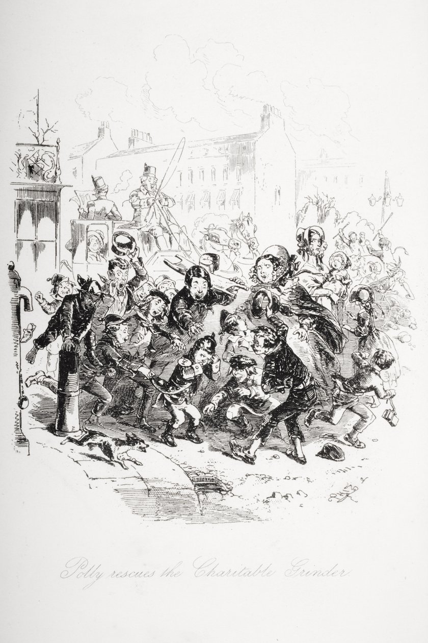 Polly megmenti a jótékonysági darálót, Charles Dickens (1812-70) „Dombey and Son” című illusztrációja, amely először 1848-ban jelent meg. alkotó: Hablot Knight Browne