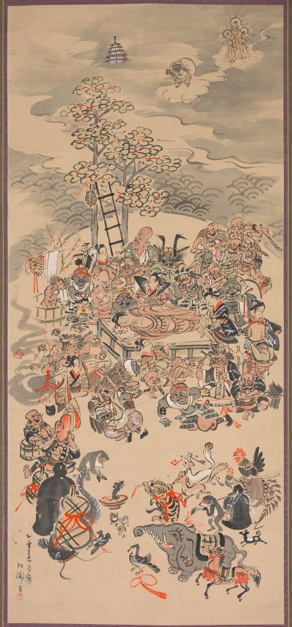 Parinirvána Otsu-e alanyokkal, 1800-as évek. alkotó: Hakuen